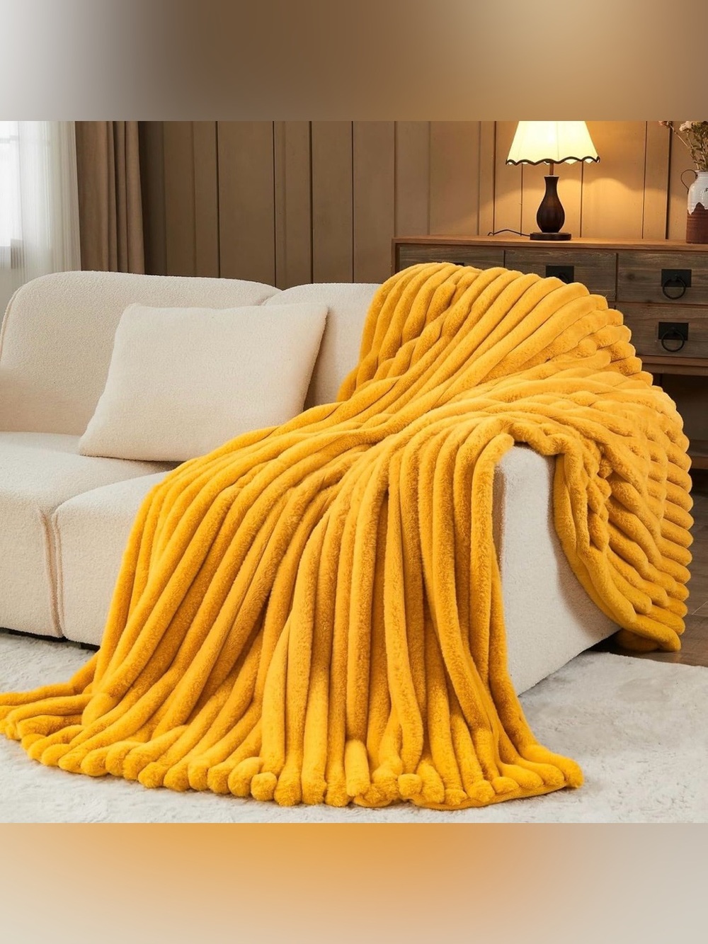 Newcosplay Plush 3D Ribbed Faux Fur Throw Blanket - Mustard Yellow 50” X 60”